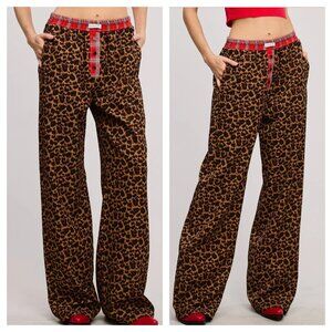 Mimosa Leopard Print Lounge Pants Women's S Plaid Waistband Straight PJ Wide Leg